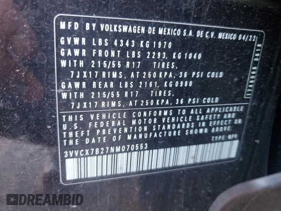 2022 Volkswagen Taos S z VIN 3VVCX7B27NM070553, wystawiony jako Copart lot #53381715 z przebiegiem 50 968 mil mil oraz Szkoda całkowita • Salvage title. Historia ofert i sprzedaży dostępna na DreamBid. Obrazek 15.