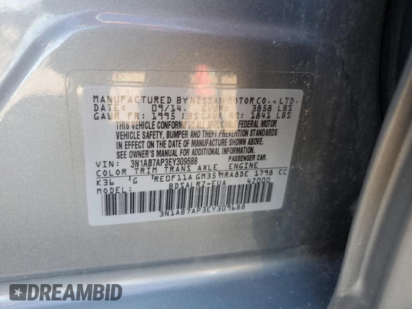 2014 Nissan Sentra SV with VIN 3N1AB7AP3EY309688, listed as a Copart auction lot 51665115 with 157,744 mi miles and Salvage Title. Bid and sale history available at DreamBid. Image 12.