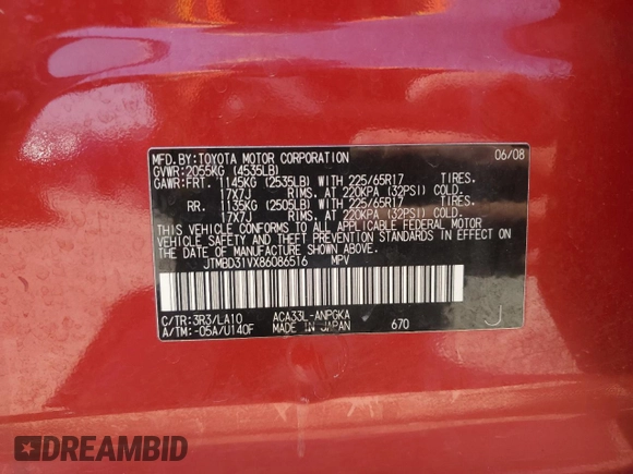 2008 Toyota RAV4 Limited with VIN JTMBD31VX86086516, listed as a Copart auction lot 59303625 with 159,910 mi miles and Clean title. Bid and sale history available at DreamBid. Image 13.