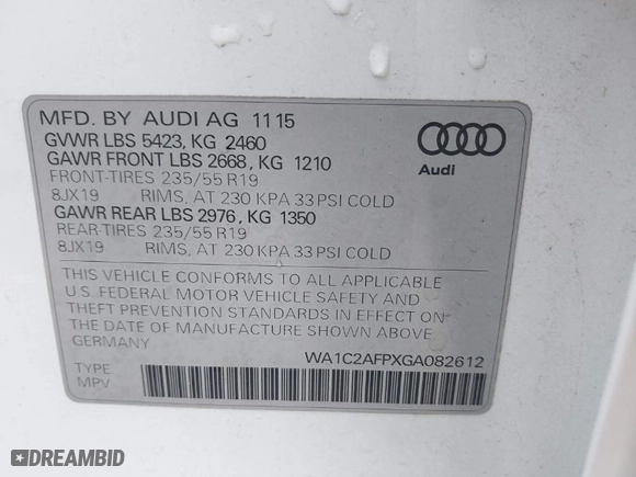 2016 Audi Q5 Premium with VIN WA1C2AFPXGA082612, listed as a IAAI auction lot 41545285 with 92,528 mi miles. Bid and sale history available at carsss.com. Image 9.