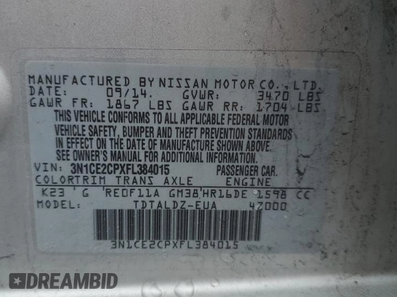 2015 Nissan Note SR with VIN 3N1CE2CPXFL384015, listed as a Copart auction lot 51808145 with 137,082 mi miles and Clean title. Bid and sale history available at DreamBid. Image 12.