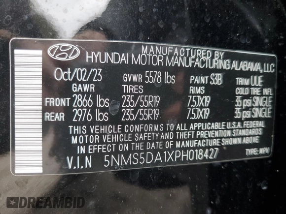 2023 Hyundai Santa Fe Hybrid Limited with VIN 5NMS5DA1XPH018427, listed as a Copart auction lot 44212614 with 3,095 mi miles. Bid and sale history available at carsss.com. Image 15.