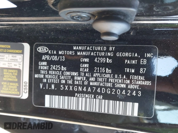 2013 Kia Optima EX with VIN 5XXGN4A74DG204243, listed as a IAAI auction lot 41770086 with 197,019 mi miles. Bid and sale history available at carsss.com. Image 9.