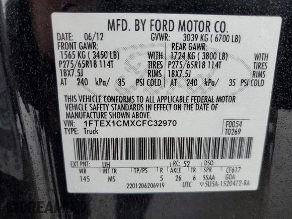 2012 Ford F-150 XL with VIN 1FTEX1CMXCFC32970, listed as a Copart auction lot 44344385 with 102,065 mi miles and Salvage Title. Bid and sale history available at DreamBid. Image 13.