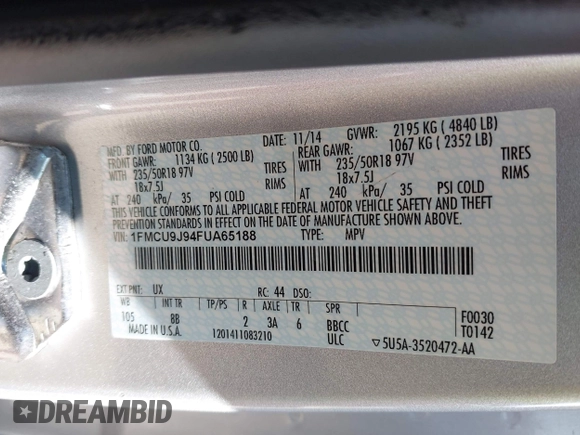 2015 Ford Escape Titanium with VIN 1FMCU9J94FUA65188, listed as a IAAI auction lot 42516728 with 65,969 mi miles and . Bid and sale history available at DreamBid. Image 9.