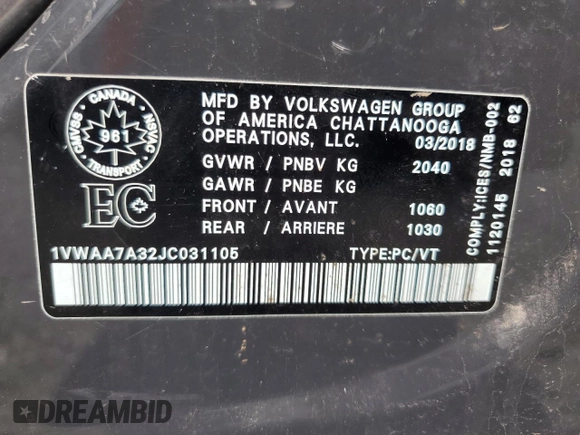2018 Volkswagen Passat S z VIN 1VWAA7A32JC031105, wystawiony jako Copart lot #40646454 z przebiegiem 175 621 mil mil oraz Szkoda całkowita • Salvage title. Historia ofert i sprzedaży dostępna na DreamBid. Obrazek 12.