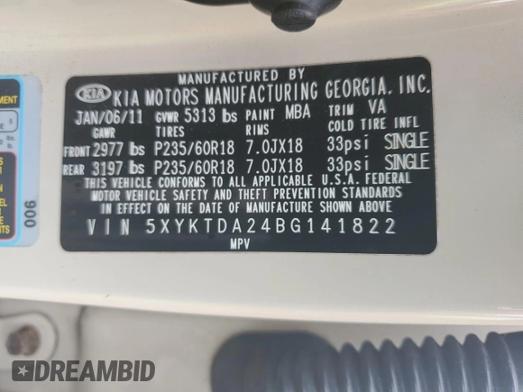 2011 Kia Sorento LX with VIN 5XYKTDA24BG141822, listed as a Copart auction lot 61693074 with 168,509 mi miles and Salvage Title. Bid and sale history available at carsss.com. Image 14.