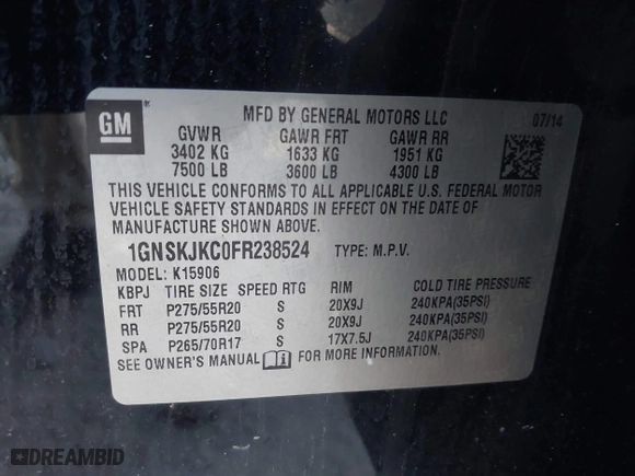 2015 Chevrolet Suburban LT with VIN 1GNSKJKC0FR238524, listed as a IAAI auction lot 42046889 with 179,676 mi miles. Bid and sale history available at carsss.com. Image 9.