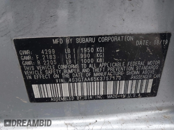 2019 Subaru Impreza with VIN 4S3GTAA65K3757170, listed as a IAAI auction lot 41976773 with 100,056 mi miles and . Bid and sale history available at DreamBid. Image 9.