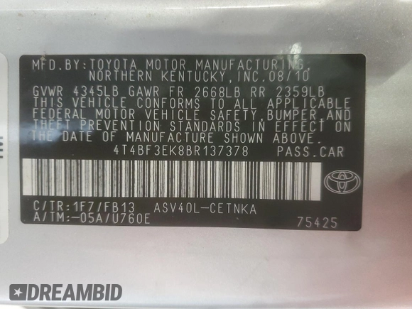 2011 Toyota Camry LE with VIN 4T4BF3EK8BR137378, listed as a Copart auction lot 60057595 with 85,518 mi miles and Non repairable. Bid and sale history available at DreamBid. Image 12.