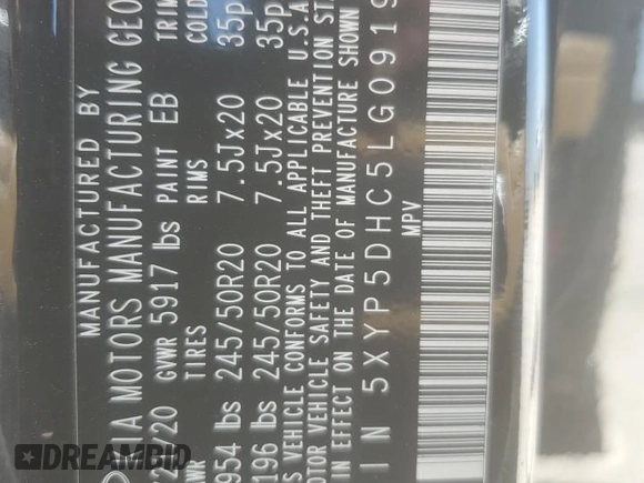 2020 Kia Telluride SX z VIN 5XYP5DHC5LG091982, wystawiony jako Copart lot #53347775 z przebiegiem 81 852 mil mil oraz Szkoda całkowita • Salvage title. Historia ofert i sprzedaży dostępna na DreamBid. Obrazek 15.
