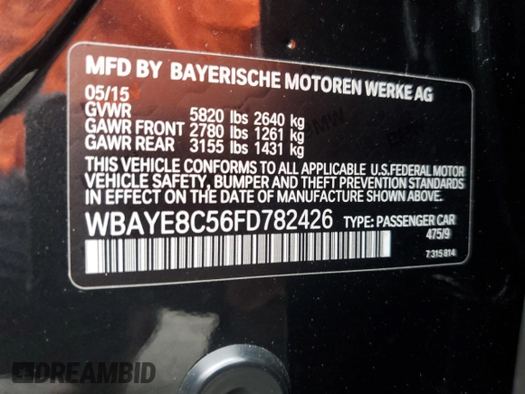 2015 BMW 7 Series 750Li with VIN WBAYE8C56FD782426, listed as a Copart auction lot 58208325 with 50,225 mi miles and Salvage title. Bid and sale history available at DreamBid. Image 12.