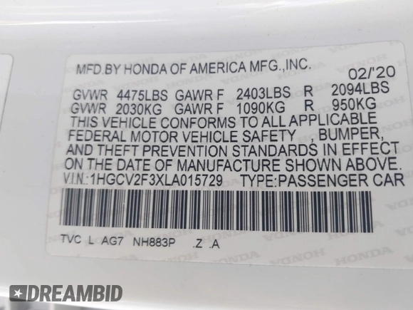 2020 Honda Accord Sport with VIN 1HGCV2F3XLA015729, listed as a IAAI auction lot 42606587 with 36,030 mi miles and . Bid and sale history available at DreamBid. Image 9.