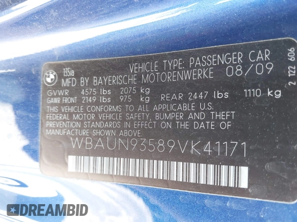 2009 BMW 1 Series 135i with VIN WBAUN93589VK41171, listed as a IAAI auction lot 42397429 with 127,304 mi miles and . Bid and sale history available at DreamBid. Image 9.