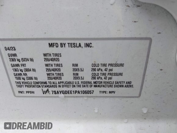 2023 Tesla Model Y Long Range with VIN 7SAYGDEE1PA106057, listed as a IAAI auction lot 41778642 with 1 mi miles. Bid and sale history available at carsss.com. Image 9.