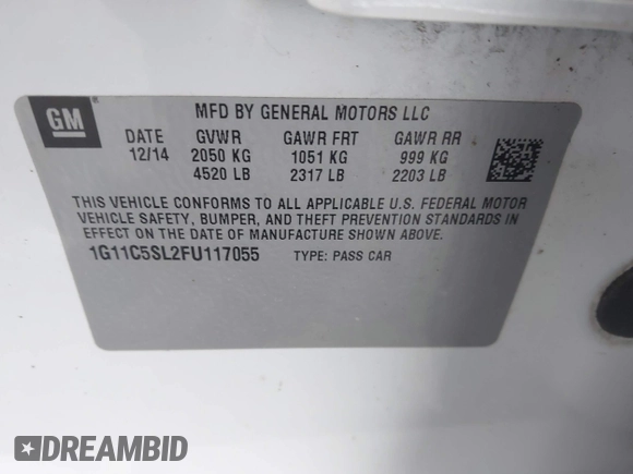 2015 Chevrolet Malibu LT with VIN 1G11C5SL2FU117055, listed as a IAAI auction lot 42128387 with Not Provided miles and . Bid and sale history available at DreamBid. Image 9.