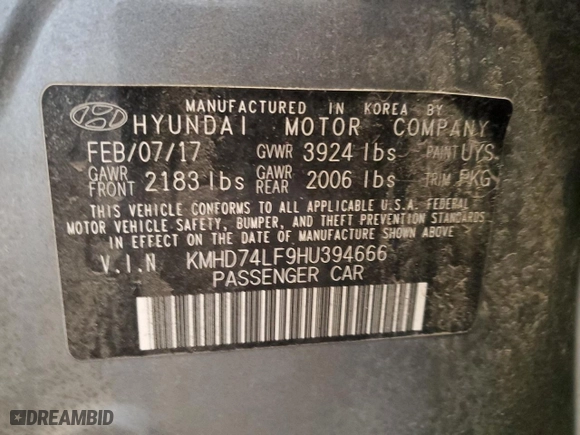 2017 Hyundai Elantra SE with VIN KMHD74LF9HU394666, listed as a Copart auction lot 43701135 with 122,207 mi miles and Non Repairable. Bid and sale history available at carsss.com. Image 12.