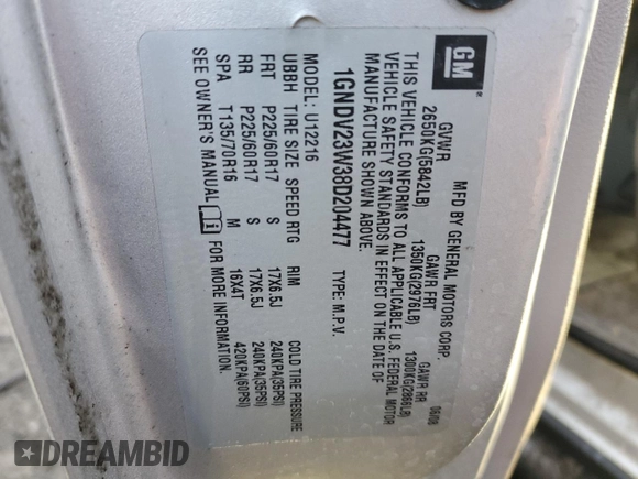2008 Chevrolet Uplander LS with VIN 1GNDV23W38D204477, listed as a Copart auction lot 80031134 with 125,111 mi miles and Salvage Title. Bid and sale history available at carsss.com. Image 13.