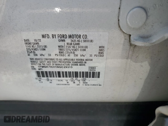 2022 Ford Explorer ST-Line с VIN 1FMSK7KH1NGC29313, выставлен на аукционе Copart как лот 63437305 с пробегом 86 859 миль миль и Списание • Salvage title. История ставок и продаж доступна на DreamBid. Изображение 13.