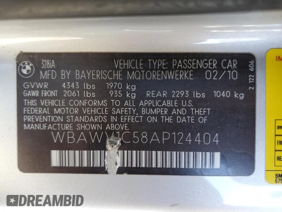 2010 BMW 3 Series 328i with VIN WBAWV1C58AP124404, listed as a Copart auction lot 80296704 with 113,597 mi miles and Clean Title. Bid and sale history available at carsss.com. Image 12.