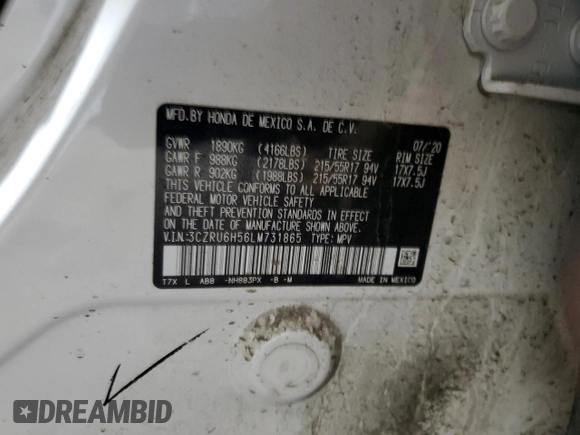 2020 Honda HR-V EX with VIN 3CZRU6H56LM731865, listed as a Copart auction lot 86542994 with 91,532 mi miles and Salvage Title. Bid and sale history available at carsss.com. Image 16.