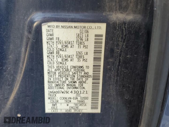 2006 Nissan Frontier LE with VIN 1N6AD07W26C430121, listed as a Copart auction lot 43353345 with 241,516 mi miles and Salvage title. Bid and sale history available at DreamBid. Image 12.