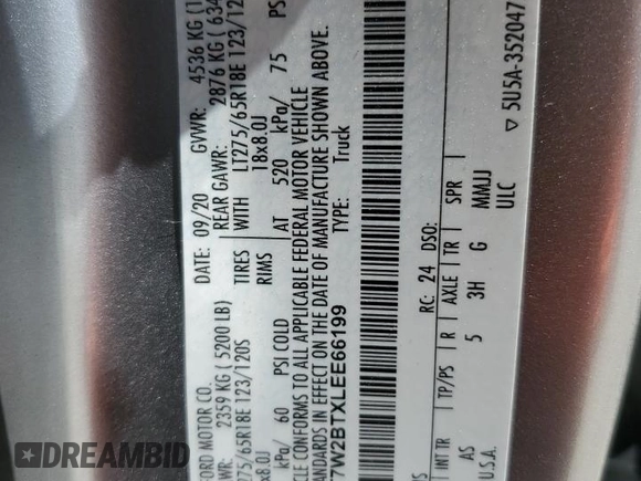 2020 Ford F-250 XL z VIN 1FT7W2BTXLEE66199, wystawiony jako Copart lot #62668705 z przebiegiem 74 631 mil mil oraz Nie do naprawy • Non repairable. Historia ofert i sprzedaży dostępna na DreamBid. Obrazek 12.