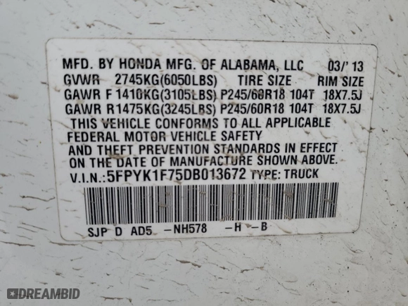 2013 Honda Ridgeline Sport with VIN 5FPYK1F75DB013672, listed as a Copart auction lot 47930245 with 175,093 mi miles and Salvage Title. Bid and sale history available at carsss.com. Image 13.