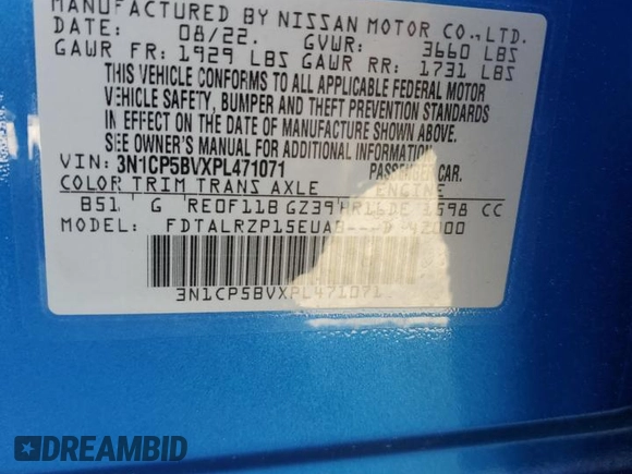 2023 Nissan Kicks S with VIN 3N1CP5BVXPL471071, listed as a Copart auction lot 52956155 with 40,505 mi miles and Salvage Title. Bid and sale history available at DreamBid. Image 13.