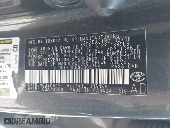 2009 Toyota Matrix S with VIN 2T1KE40E69C009155, listed as a IAAI auction lot 42336551 with 212,876 mi miles and . Bid and sale history available at DreamBid. Image 9.