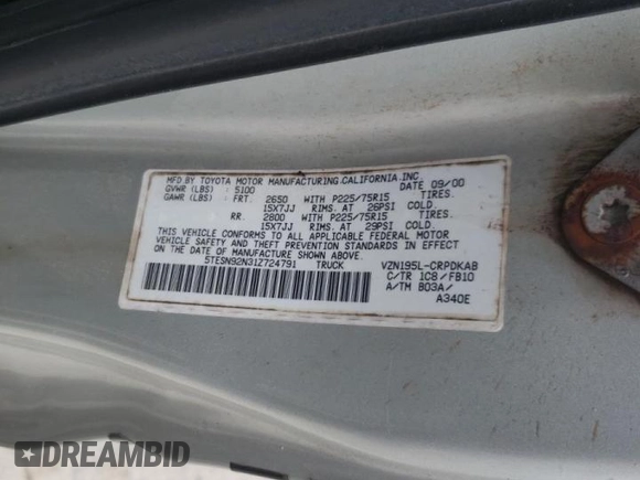 2001 Toyota Tacoma PreRunner with VIN 5TESN92N31Z724791, listed as a Copart auction lot 55991245 with Not provided miles and Salvage title. Bid and sale history available at DreamBid. Image 12.