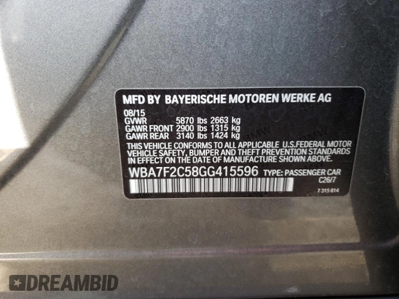 2016 BMW 7 Series 750i xDrive with VIN WBA7F2C58GG415596, listed as a Copart auction lot 40374203 with 91,226 mi miles. Bid and sale history available at carsss.com. Image 12.