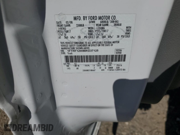 2008 Ford F-150 XL with VIN 1FTRF12W88KD37125, listed as a Copart auction lot 52912575 with 225,384 mi miles and Salvage Title. Bid and sale history available at carsss.com. Image 14.