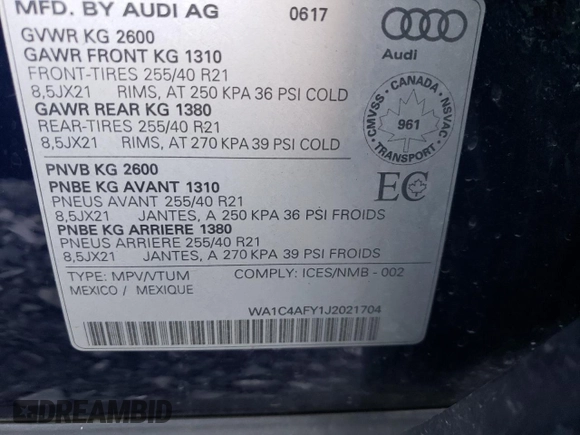 2018 Audi SQ5 Prestige with VIN WA1C4AFY1J2021704, listed as a Copart auction lot 76020664 with 119,928 mi miles and Salvage Title. Bid and sale history available at DreamBid. Image 14.