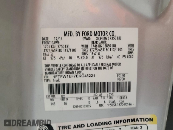 2014 Ford F-150 XL with VIN 1FTFW1EF7EKG45221, listed as a Copart auction lot 48869625 with 185,746 mi miles and Salvage Title. Bid and sale history available at carsss.com. Image 14.