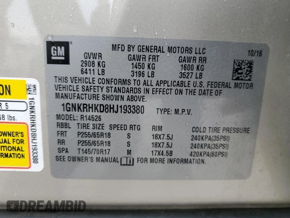 2017 Chevrolet Traverse LT with VIN 1GNKRHKD8HJ193380, listed as a Copart auction lot 51819015 with 118,608 mi miles and Salvage Title. Bid and sale history available at DreamBid. Image 13.