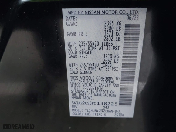2023 Nissan Murano SL with VIN 5N1AZ2CS0PC138225, listed as a IAAI auction lot 41675550 with 25,518 mi miles. Bid and sale history available at carsss.com. Image 9.