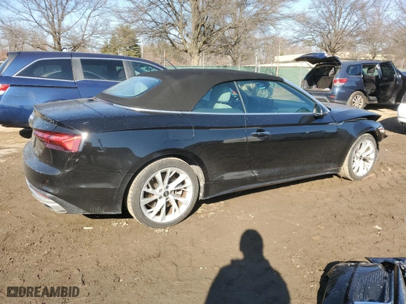 2022 Audi A5 Cabriolet Premium Plus with VIN WAUWAGF57NN001768, listed as a Copart auction lot 43219605 with 9,365 mi miles and Salvage Title. Bid and sale history available at carsss.com. Image 3.