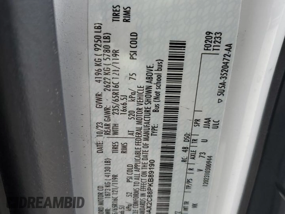 2023 Ford Transit Passenger XL with VIN 1FBAX2C88PKB89190, listed as a Copart auction lot 42507855 with Not Provided miles and Salvage Title. Bid and sale history available at DreamBid. Image 12.
