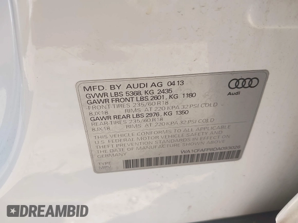 2013 Audi Q5 Premium with VIN WA1CFAFP8DA093026, listed as a IAAI auction lot 41986673 with 190,197 mi miles and . Bid and sale history available at DreamBid. Image 9.