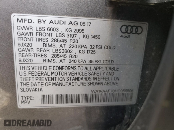 2017 Audi Q7 Prestige with VIN WA1VAAF78HD056506, listed as a Copart auction lot 53528145 with 156,140 mi miles and Salvage title. Bid and sale history available at DreamBid. Image 13.
