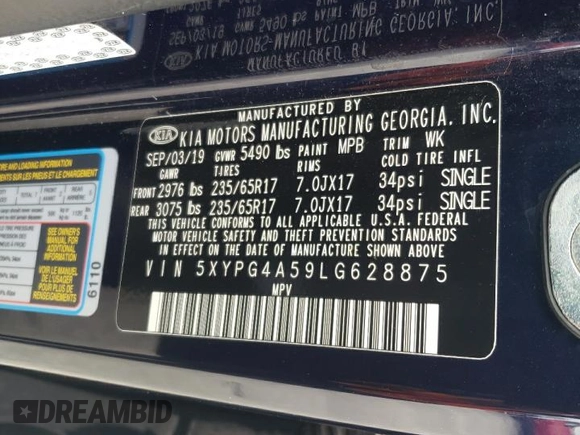 2020 Kia Sorento LX with VIN 5XYPG4A59LG628875, listed as a Copart auction lot 48165775 with 100,817 mi miles and Clean Title. Bid and sale history available at DreamBid. Image 13.