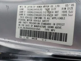 2005 Honda CR-V LX with VIN JHLRD68565C010541, listed as a IAAI auction lot 41660510 with 179,174 mi miles. Bid and sale history available at carsss.com. Image 9.