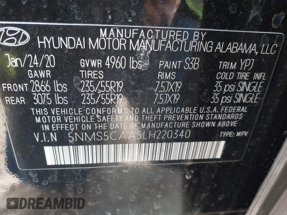 2020 Hyundai Santa Fe Limited with VIN 5NMS5CAA5LH220340, listed as a IAAI auction lot 41620833 with 81,790 mi miles. Bid and sale history available at carsss.com. Image 9.
