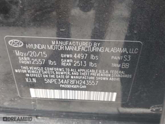 2015 Hyundai Sonata 2.4L Limited with VIN 5NPE34AF8FH243557, listed as a IAAI auction lot 41828576 with 95,261 mi miles. Bid and sale history available at carsss.com. Image 9.