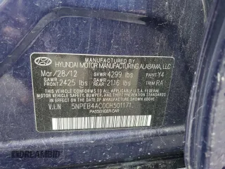 2012 Hyundai Sonata GLS with VIN 5NPEB4AC0CH501171, listed as a Copart auction lot 49035834 with 61,249 mi miles and Salvage Title. Bid and sale history available at carsss.com. Image 12.