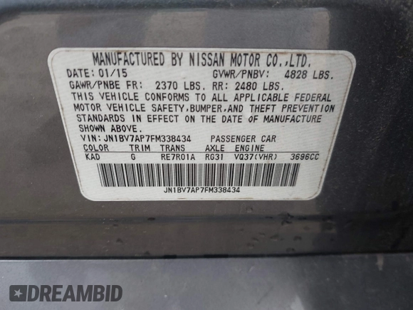 2015 Infiniti Q50 Premium with VIN JN1BV7AP7FM338434, listed as a IAAI auction lot 42158445 with 115,685 mi miles and . Bid and sale history available at DreamBid. Image 9.