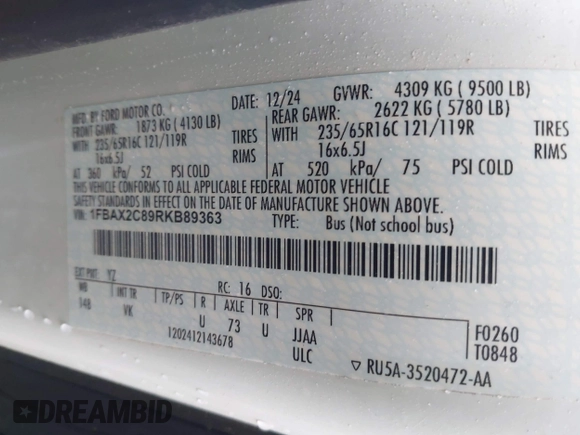 2024 Ford Transit Passenger XL with VIN 1FBAX2C89RKB89363, listed as a IAAI auction lot 42216151 with 1,496 mi miles and . Bid and sale history available at DreamBid. Image 9.