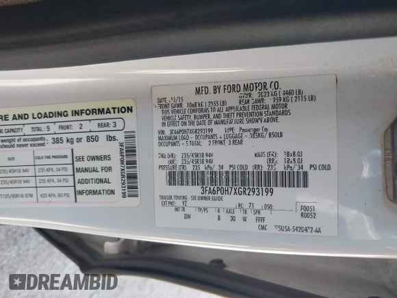 2016 Ford Fusion SE z VIN 3FA6P0H7XGR293199, wystawiony jako IAAI lot #42593929 z przebiegiem 332 555 mil mil oraz . Historia ofert i sprzedaży dostępna na DreamBid. Obrazek 9.