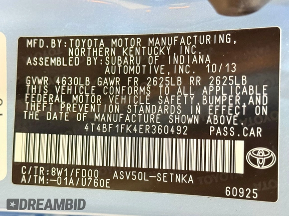 2014 Toyota Camry L with VIN 4T4BF1FK4ER360492, listed as a Copart auction lot 55798335 with 72,005 mi miles and Clean Title. Bid and sale history available at carsss.com. Image 10.